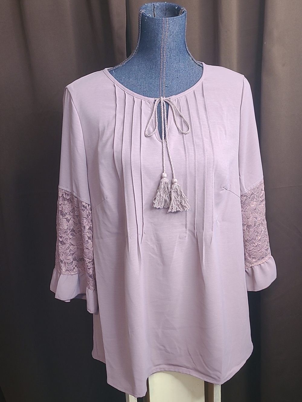 BloomChic Dusty Lilac Tassel Tie Pintuck Blouse